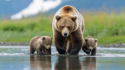 Obraz premium Mother bear and cubs walking in calm river nature scene wildlife photography serene landscape close-up view