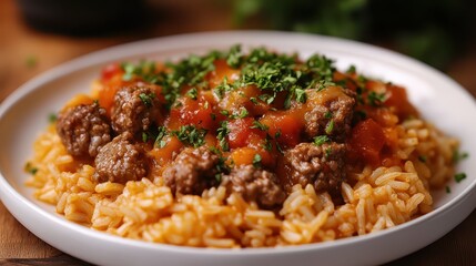 A flavorful dish of rice adorned with seasoned meatballs and fresh herbs sits on a white plate. The background features kitchen elements, enhancing the home-cooked vibe