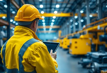 Worker Inspecting Factory Floor Using Tablet for Quality Control Checks