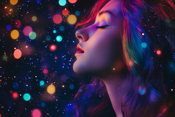 A woman with rainbow hair is seen in profile, surrounded by colorful bokeh. Upload this image to Adobe Stock to sell as stock photography