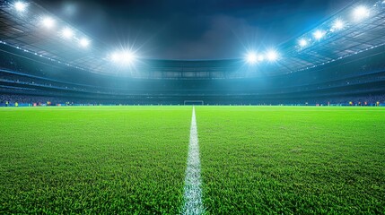 Obraz premium A lush green soccer field illuminated by bright stadium spotlights, with players preparing for a game. Perfect for sports marketing and event promotions