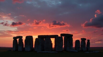 Stonehenge silhouette at sunset with vibrant sky. Ancient stone circle against dramatic clouds, iconic prehistoric landmark in England