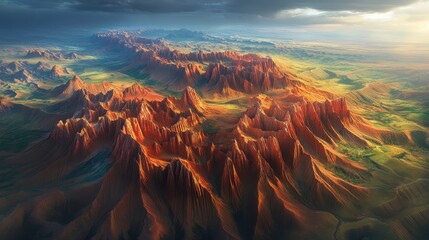 Breathtaking sunset over majestic mountain range natural landscape aerial view scenic beauty