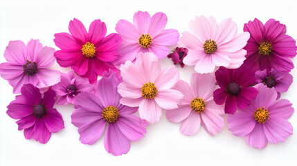Fototapeta premium Close Up Cosmos Flowers in Various Shades of Pink and Purple on White Background