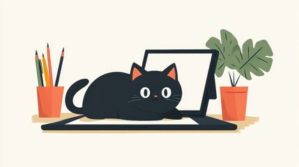A black cat is comfortably lying on a desk at home, surrounded by colorful art supplies and potted plants, creating a warm and inviting atmosphere during the day