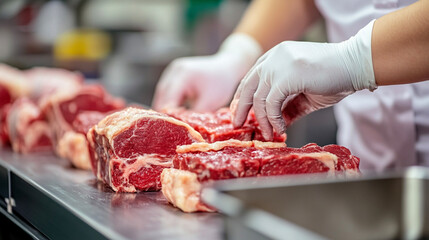 Clean and Organized Meat Processing Factory with Workers Ensuring Quality Control