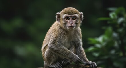 Obraz premium Small Brown Monkey Sitting in Lush Green Forest