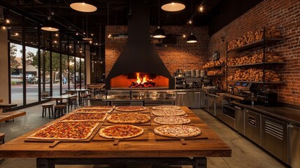 A prominent wooden display table showcases freshly made pizzas. 
