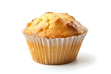 Golden-brown muffin in paper liner, isolated on white.