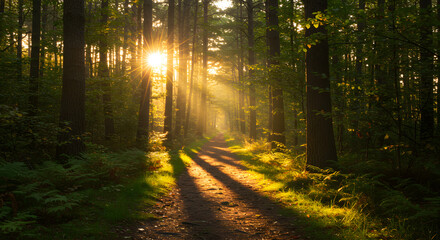 Obraz premium Sunlit Forest Path: Golden Hour Rays and Misty Morning Shadows
