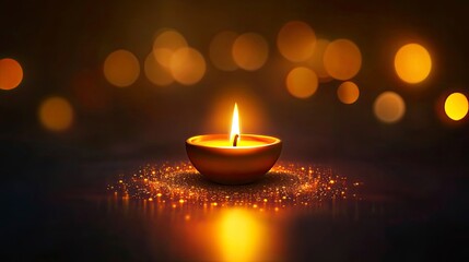 Burning Candle Flame in Bowl with Golden Glitter and Bokeh Lights