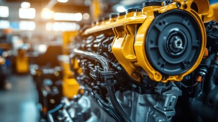 Fototapeta premium Close-up view of a powerful, vibrant yellow engine, showcasing its intricate mechanics and industrial design, set against a blurred factory backdrop.
