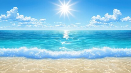 Fototapeta premium Bright sunlight illuminates a calm turquoise ocean, gently lapping against a soft sandy beach. Fluffy clouds drift across a clear blue sky, enhancing the serene atmosphere