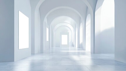 Fototapeta premium Walking Through a Bright White Hallway with Arches and White Frames