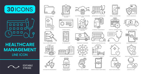 Healthcare Management line editable icon set. Containing EHR, healthcare data analysis, geriatric care, healthcare chatbot, and more. Vector Illustration