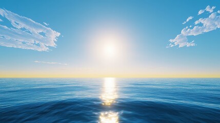 Obraz premium Golden sunlight glimmers on tranquil ocean waves as the sun sets on the horizon. A blue sky with scattered clouds enhances the serene atmosphere during dusk