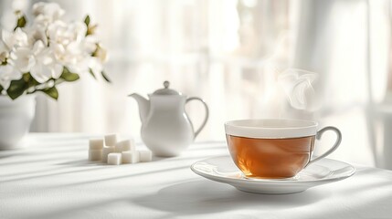 A steaming cup of tea with flowers and sugar cubes