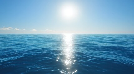 Obraz premium Clear blue sky meets tranquil ocean waters under the bright sun. Rays glisten on the surface, enhancing the serene ambiance perfect for contemplation or escape