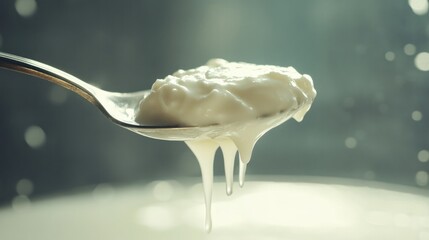 A spoonful of thick Greek yogurt dripping off, with soft lighting highlighting the creamy texture, ideal for yogurt brand promotions or healthy food photography
