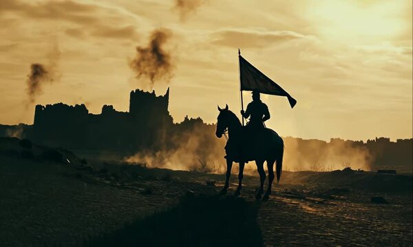 Epic Medieval Warrior on a Horse, Carrying a Battle-Damaged Flag, Witnessing a Castle Engulfed in Fire