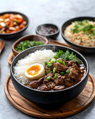 Hearty bowl of rice with savory stew and egg