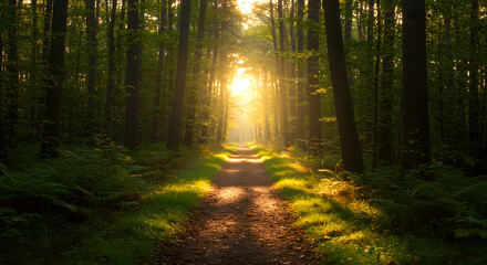 Obraz premium Sunlit Forest Path: Golden Hour Serenity in a Verdant Canopy