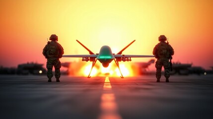 Obraz premium Military Drone Launch Soldiers Sunset High Resolution