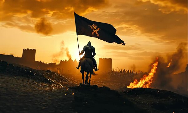 A Knight Riding a Horse, Carrying a Torn Flag, With a View of a Castle Burning Due to War, and Smoke Soaring High into the Sky, Making the Atmosphere Dark and Eerie