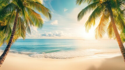 Fototapeta premium A beautiful beach is bathed in the golden glow of sunset, with soft waves lapping at the shore. Lush palm trees frame the serene view, creating a perfect tropical getaway