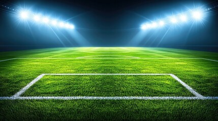 Obraz premium A well-maintained soccer pitch glowing under the bright lights of a stadium, with vibrant green grass and intense spotlight effects. Ideal for sports competitions and team branding
