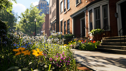 Lush Flower Garden Along Brick Buildings Pathway With Sunny Day Light And Blooming Plants