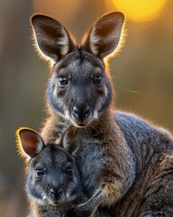 Fototapeta premium Heartwarming wildlife photo of tammar wallaby joey peeking out from its mother's pouch golden hour backlight high detail close up professional DSLR shot