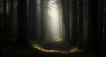 Mystical Forest Path: Sunbeam Illuminating Misty Conifer Grove