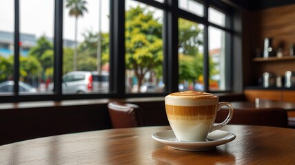 Hot latte coffee put on table in cafe restaurant drink breakfast in the morning day