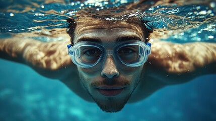 Fototapeta premium A man swims effortlessly beneath the water's surface. He wears clear goggles and showcases determination and focus as sunlight filters through the water, creating a serene atmosphere