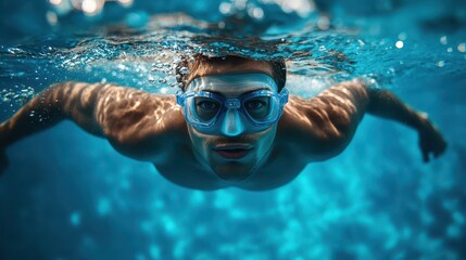 Fototapeta premium A man swims gracefully underwater in a bright blue swimming pool, wearing clear goggles. Sunlight filters through the surface, creating shimmering patterns around him