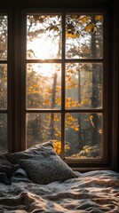 Cozy bedroom nook with a view of autumn foliage bathed in warm sunlight.