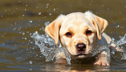Labrador Puppy Swimming Happily with Water Splashing Around Its Face