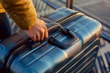 A close-up of a traveler’s hand gripping the handle of a sturdy, metallic suitcase.