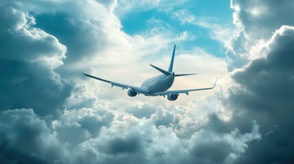 Airplane flying through a cloudy sky, showcasing a customizable blank logo space on the tail. Perfect for airline marketing campaigns and advertisements