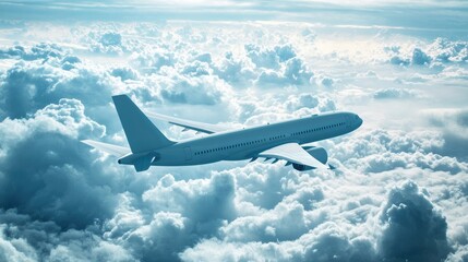 Airplane flying through a cloudy sky, showcasing a customizable blank logo space on the tail. Perfect for airline marketing campaigns and advertisements