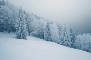 A tranquil winter landscape adorned with snow-covered trees in a foggy mountain setting