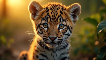 Fototapeta premium Adorable Jaguar Cub Portrait at Sunset in Nature