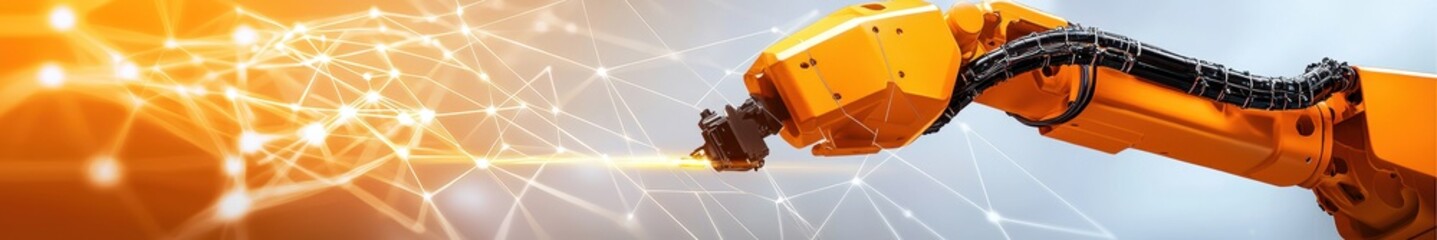 Orange Robotic Arm Interacting with Digital Network