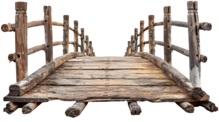 old wooden foot bridge isolated on transparent white background, clipping path