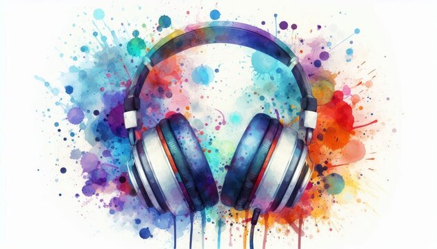 watercolor headphones on colorful paint splash background clip art preview