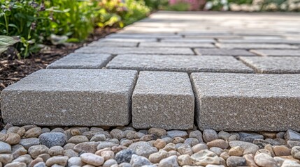 7.A close-up of a stone block walkway, laid on a soft bed of gravel stones, leading through a garden or peaceful backyard. The stone blocks are arranged with precision, creating a simple yet elegant