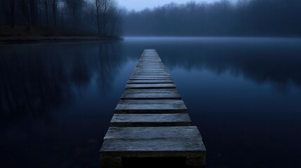 Fototapeta premium Misty lake path. Wooden walkway leads to a misty horizon over still water