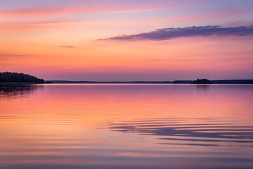 Naklejka premium Soft Pastels Reflect on Still Lake at Dusk in Summer Season