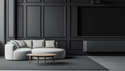 Modern, minimalist living room with curved sofa, dark gray walls, and projection screen